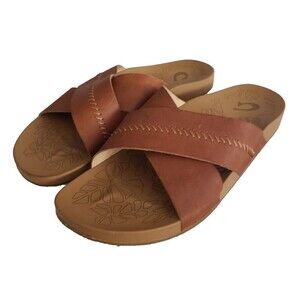 Olukai KIPE'A OLU Leather Slide Sandals  Women's Size 9 Sahara Brown Slip On